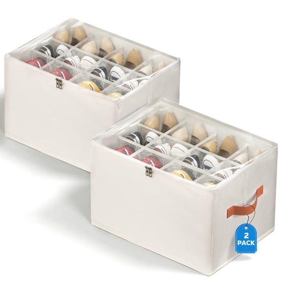 Riousery 2 pack foldable shoe organizer for closet, beige storage bins with clear zipper cover and handles, holds up to 24 pairs