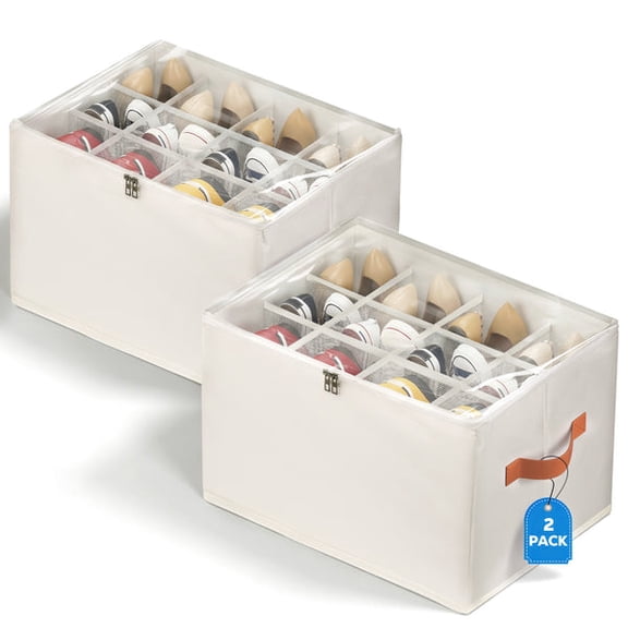 Riousery 2 Pack Foldable Shoe Organizer for Closet, Shoe Storage Bins with Clear Zipper Cover and Handles, Holds up to 24 Pairs, Beige