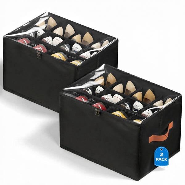 Riousery 2 Pack Foldable Shoe Organizer for Closet, Shoe Storage Bins with Clear Zipper Cover and Handles, Holds up to 24 Pairs, Black