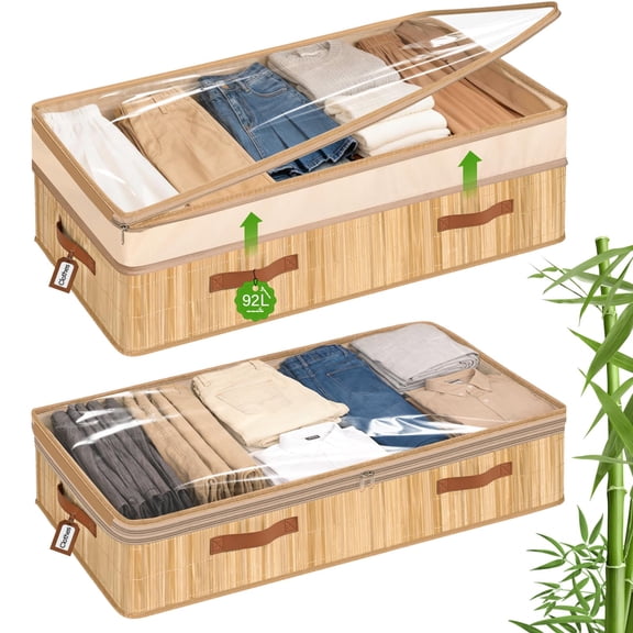2 Pack Under Bed Stor 6-10 Inches Height Adjustable Underbed Containers 92l Xxxl Large Bwithr Lid & Label For Clothes Blanketser Shoes
