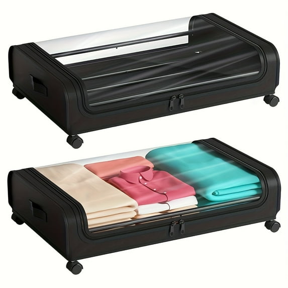 2-Pack Under Bed Storage Bins - Metal Rolling Containers with Lids & Wheels, for Clothes/Blankets/Toys - Space-Saving Home Organizer
