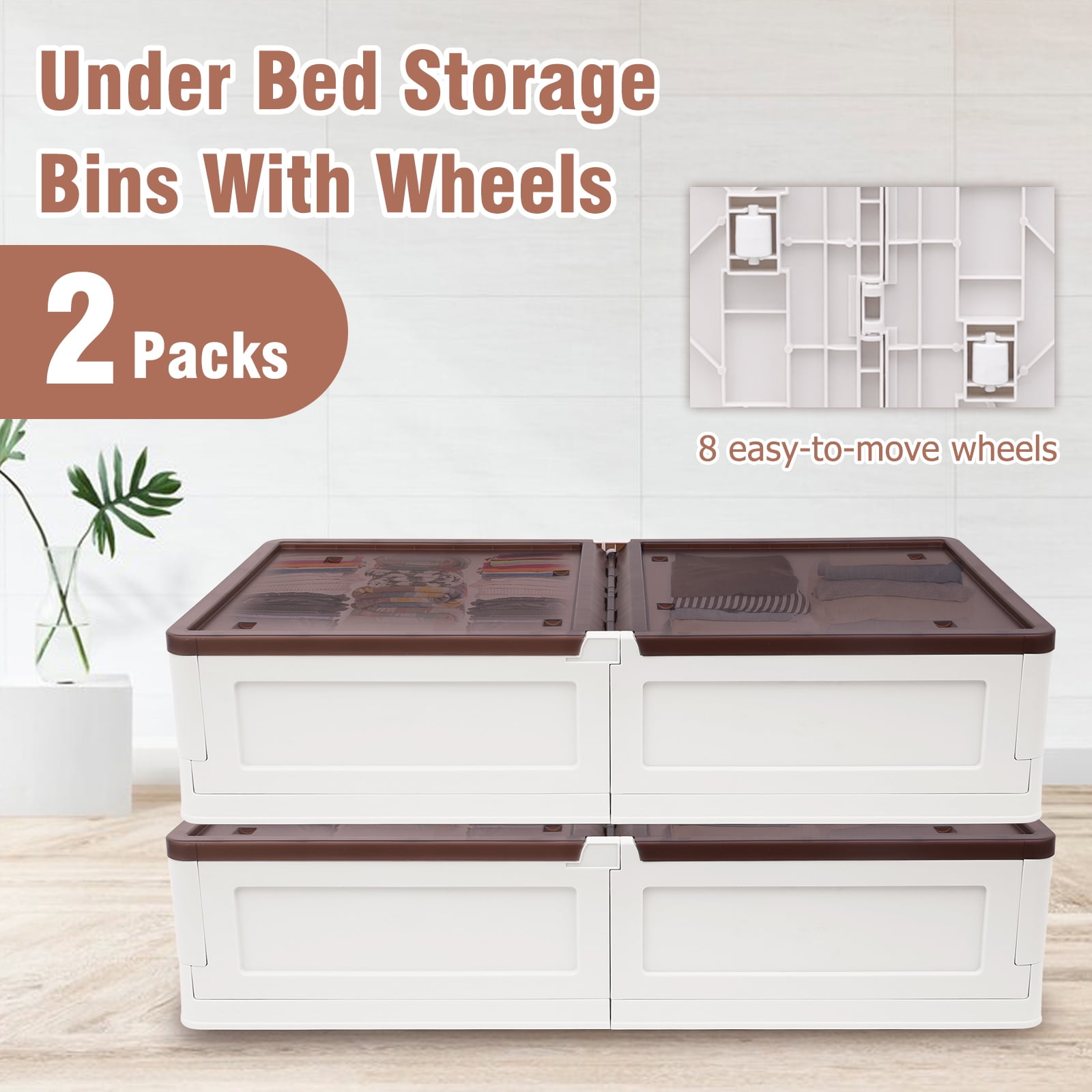 2 Pack Under Bed Storage Containers, Stackable Under Bed Rolling