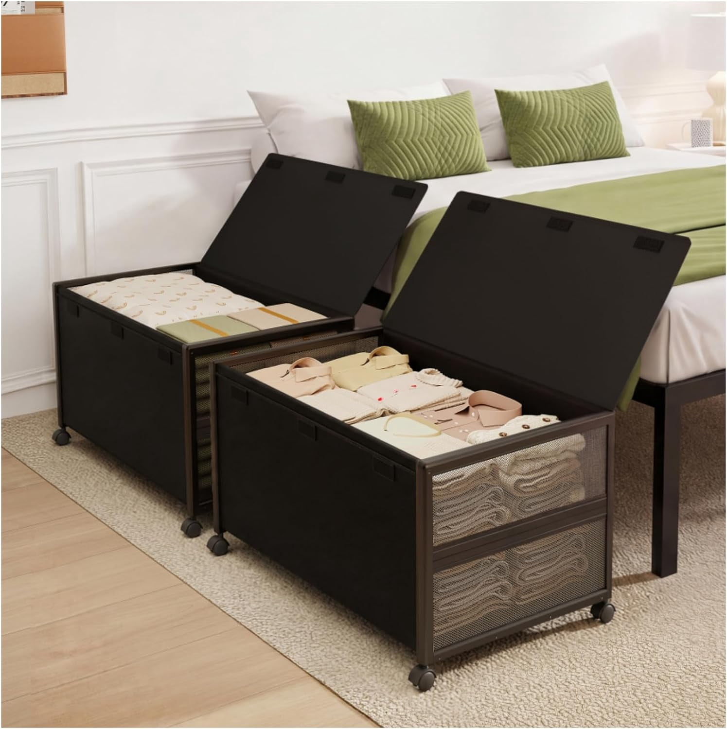 2-Pack Under-Bed Storage Containers with Wheels, 12-Inch Tall Metal ...