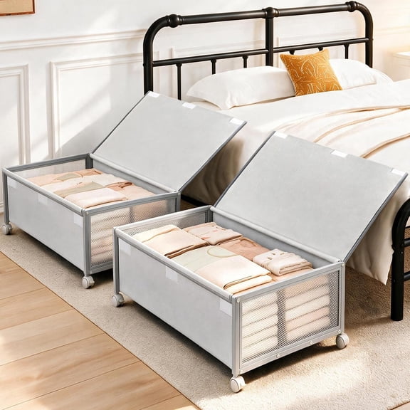 2 Pack Under Bed Storage Containers with Wheels, 12" Tall Rolling Clothes Drawers for Dorm