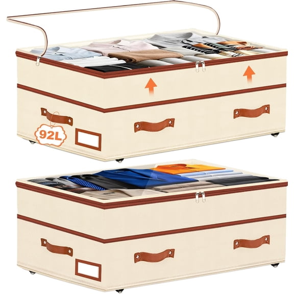 2 Pack Under Bed Storage with Wheels, 6 in10 in Height Adjustable Fabric Drawers, 92L XXXL Rolling Containers with Clear Lids, Flax White