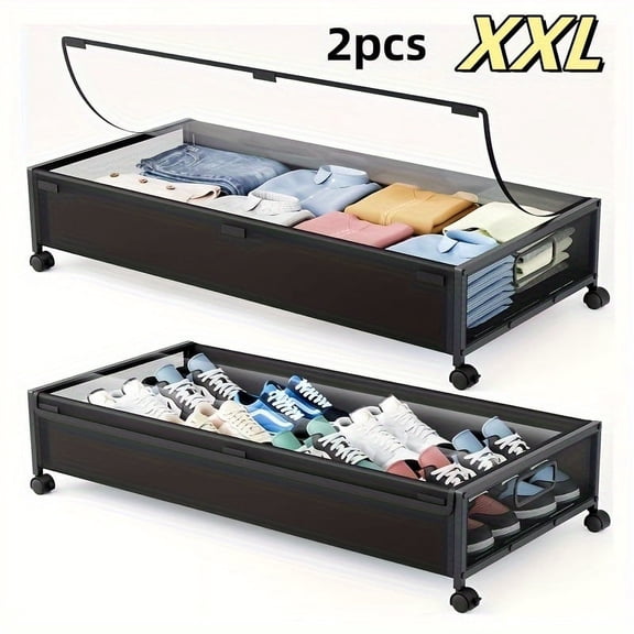 2-Pack Under Bed Storage with Wheels & Clear Lids, Rolling Shoe Box Organizer, Space-Saving Closet Cabinet for Bedroom