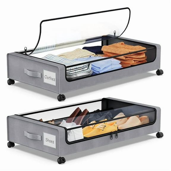 2 Pack Under Bed Storage with Wheels , Rolling Underbed Drawers for Clothes, Shoes & Blankets, Sturdy Metal-Frame Fabric Bins with Lids, Grey