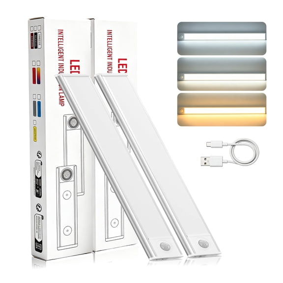 GARITIN 2 Pack Under Cabinet Lighting, Rechargeable LED Motion Sensor Night Lights, Dimmable Closet Lights for Kitchen Stairs Hallway, White