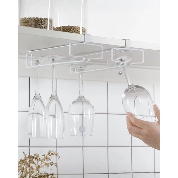 2 Pack Under Cabinet Wine Glass Holder, No Drill Stemware Hanging Rack Fits Shelf Thickness Under 0.98 Inch, Inverted Goblet Storage Organizer
