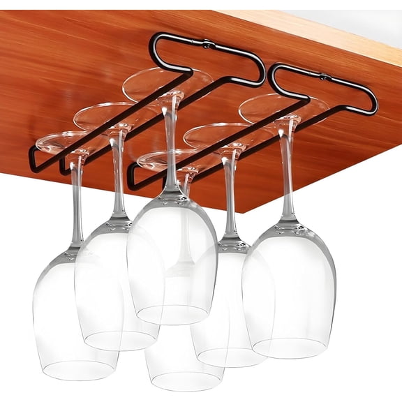 2 Pack Under Cabinet Wine Glass Rack, DrillMount Black Metal Stemware Hanger, Hanging Wine Glass Holder for Kitchen Bar Cabinet Storage Organizer