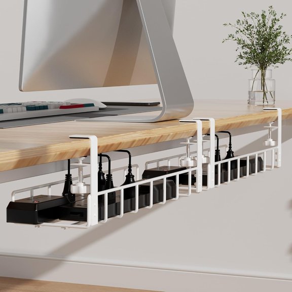 2 Pack Under Desk Tray, 31.4" No Drill Wire Management with Upgraded Clamp, Metal Cord Organizers for Desk, PC Cable Rack, White