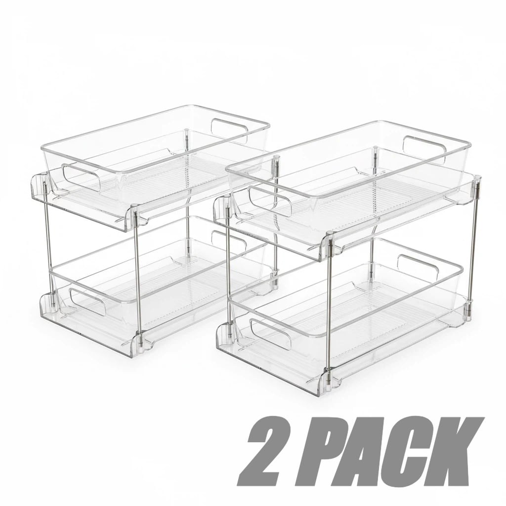 2-Pack Under Sink Organizer, 2 Tier Bathroom Storage Organizer, Pull-Out Organization with Track for Pantry, Kitchen