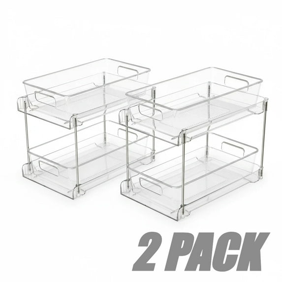 2-Pack Under Sink Organizer, 2 Tier Bathroom Storage Organizer, Pull-Out Organization with Track for Pantry, Kitchen