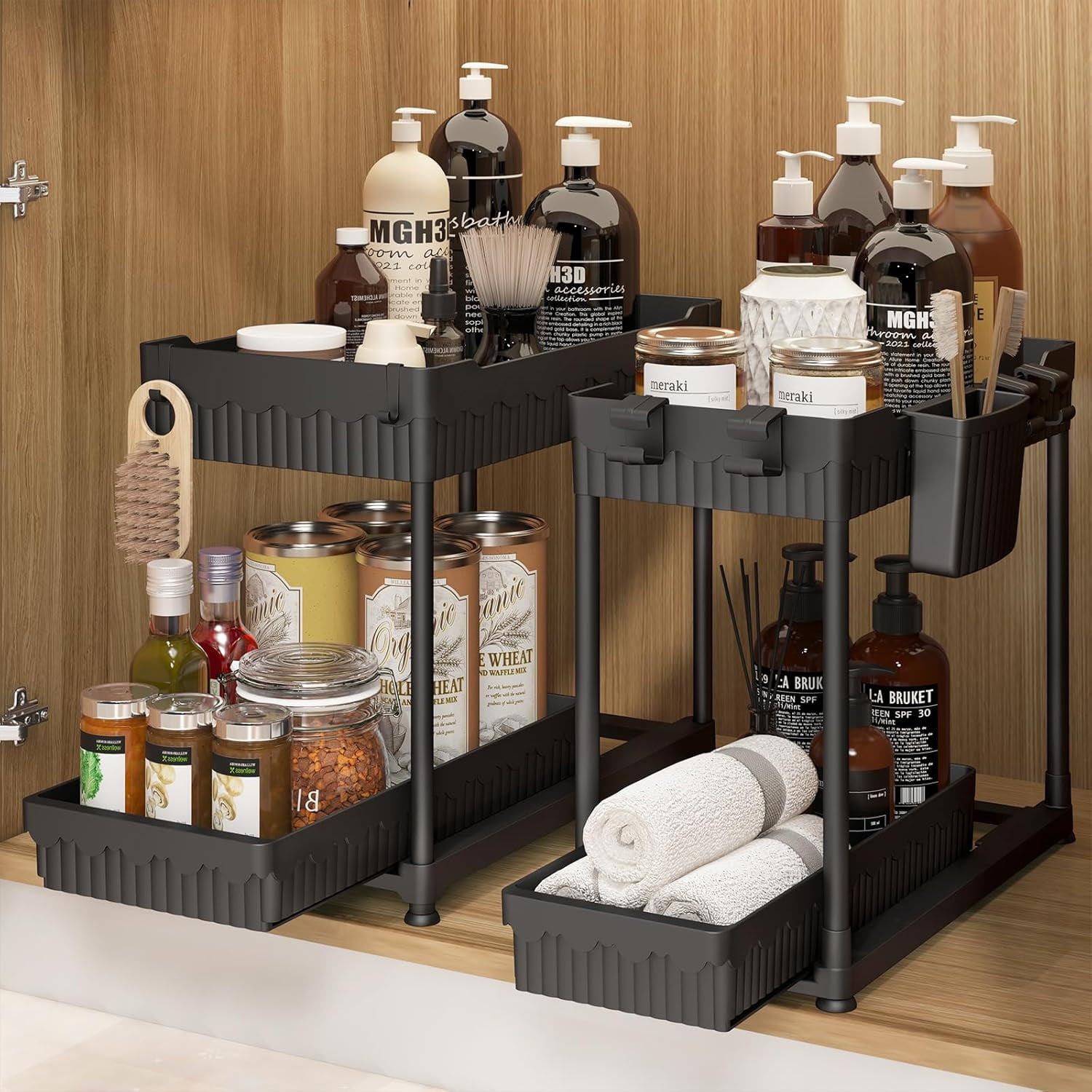 Black 2-Tier Multi-Use Under Sink Organizer with Hanging Cups