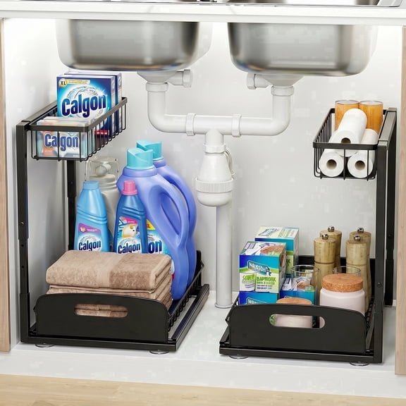 Mighty Rock Black Metal 2 Tier Pull Out Slide Out Shelf Under Sink Organizer 2 Pcs Utility Cabinet Storage