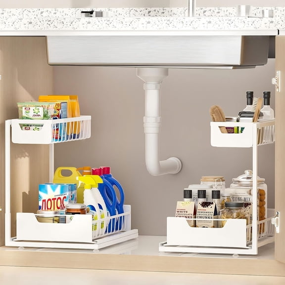 2 Pack Under Sink Organizer, 2 - Tier Pull Out Kitchen Cabinet Storage Rack for Cleaning Supplies