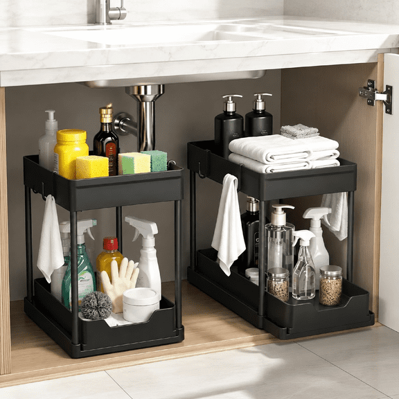 Under Sink Organizer 2 Pack 2 Tier Sliding ABS Steel 10.3 inch Height for Bathroom Kitchen Black