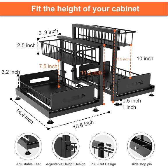 2 Pack Under Sink Organizers, Adjustable L Shape Pull Out Cabinet Storage for Kitchen Bathroom