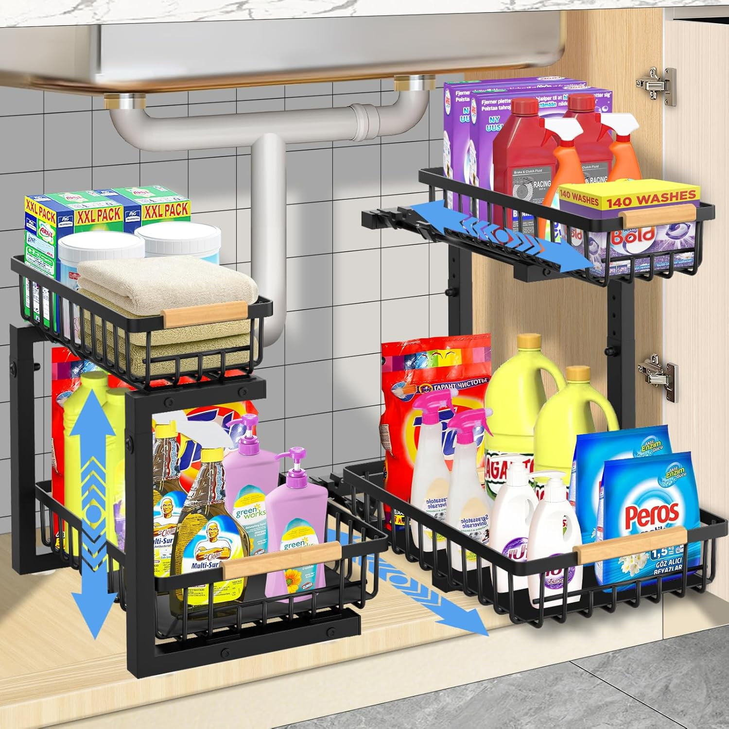 Black Metal 2-Tier Slide-Out Under Sink Organizer, 2 Pack