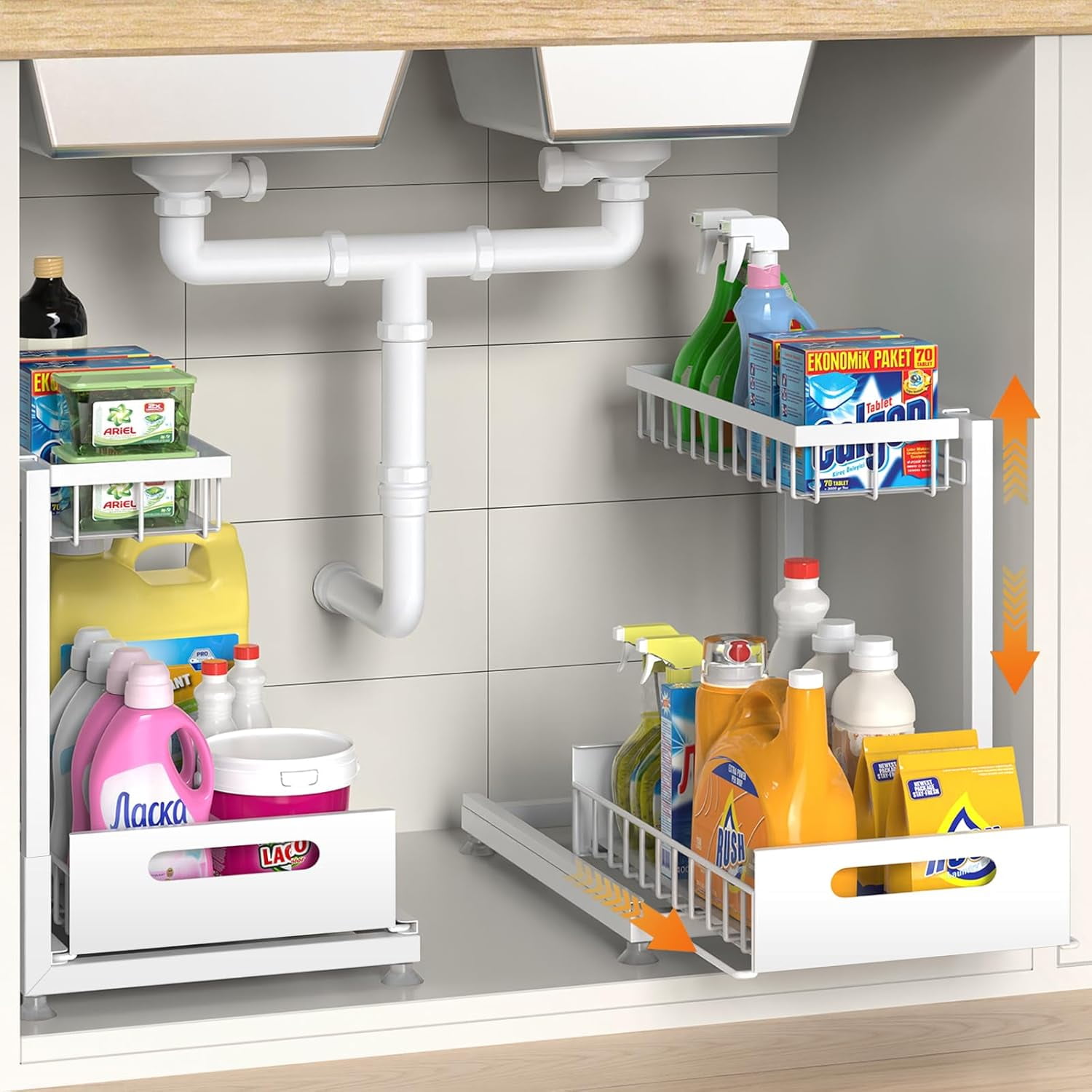 2 Pack Under Sink Organizer Storage 2-Tier Premium Metal Pull-Out Racks ...