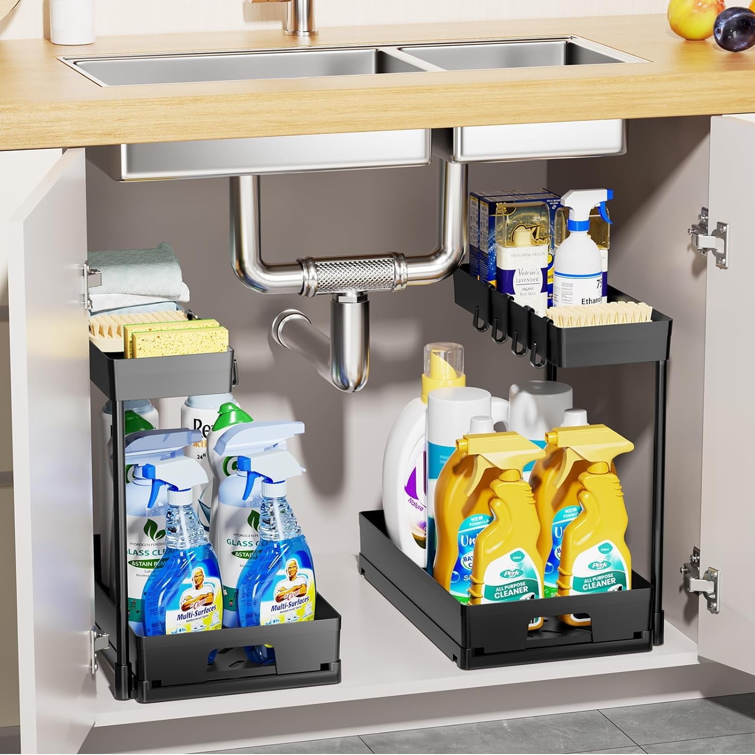 Black 2-Tier L-Shaped Under Sink Organizer with Sliding Drawers