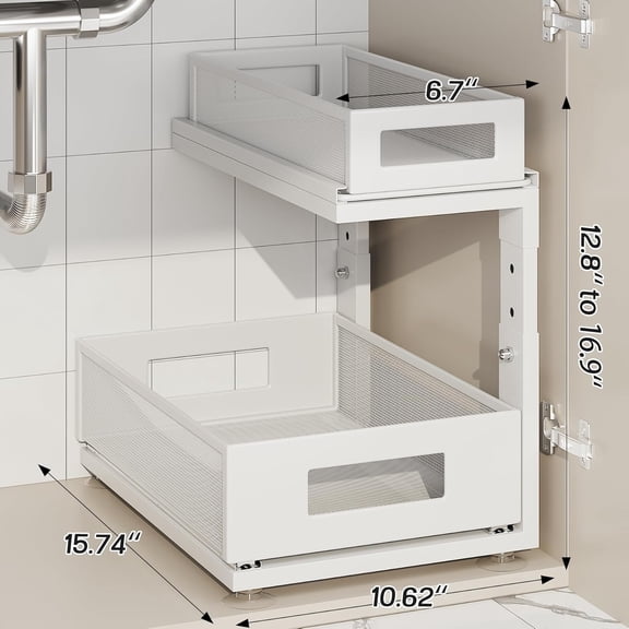2 Pack Under Sink Organizer with Ball-Bearing Slides - White