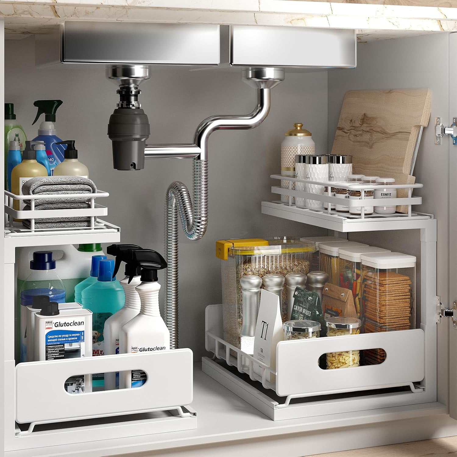 White Adjustable Height 2-Tier Under Sink Organizer with Slide-Out Drawers