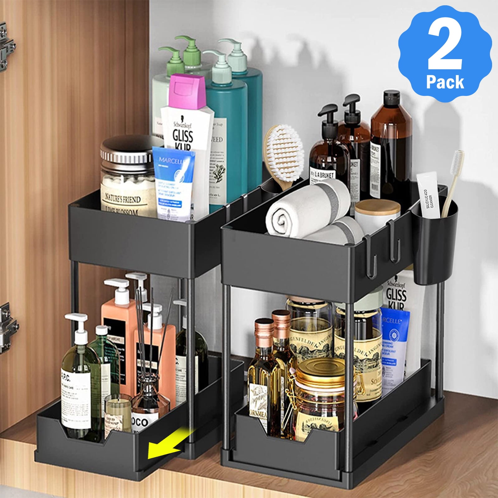 2 Packunder Sink Organizers,metal Pull Out Kitchen Cabinet Organizer With  Sliding Drawer,sturdy Multi-functional For Bathroom Organization,black