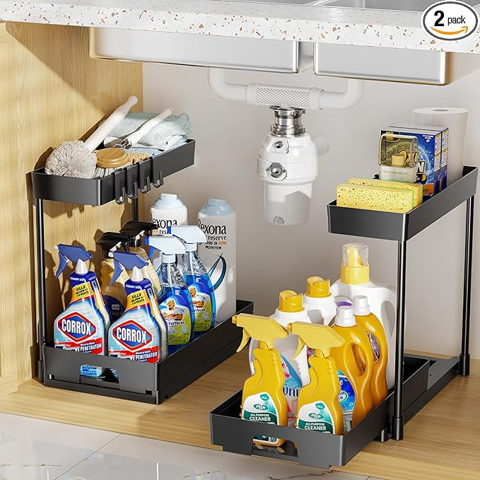 Black 2-Tier L-Shaped Under Sink Organizer with Sliding Drawers