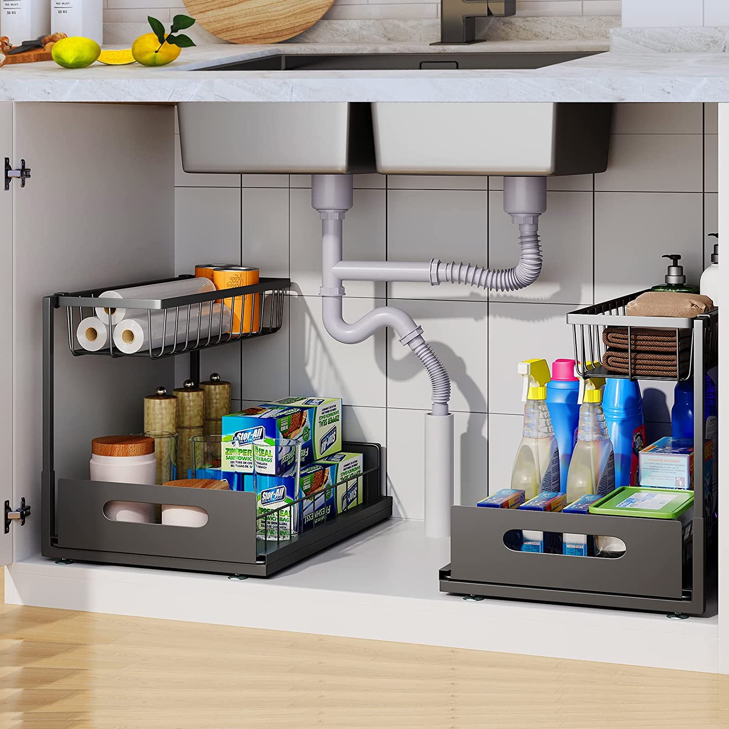 Black 2-Tier Sliding Under Sink Organizer with Pull-Out Drawers