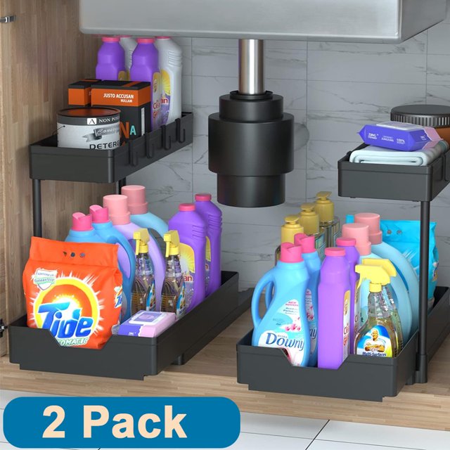 2 Pack Under Sink LShaped Sliding Organizers, 2 Tier Storage Drawer in