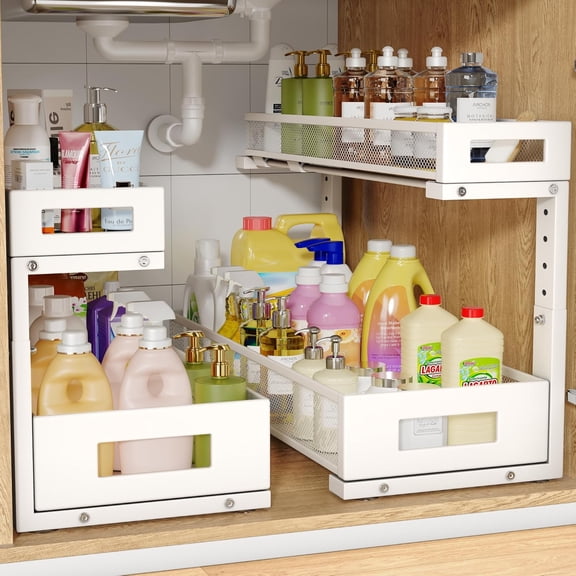 2 Pack Under Sink Storage Organizer 20.47 In Deep 2-Tier Pull Out Shelf for Kitchen Bathroom Cabinet White