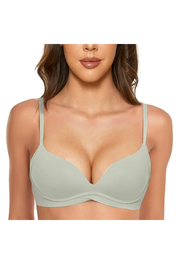 2 Pack Underwire Bras for Women Simple Seamless Wireless Push Up Side Support Underwear,Green,M