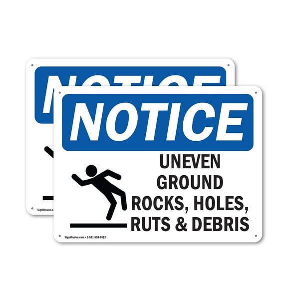 (2 Pack) Uneven Ground Rocks Holes OSHA Notice Sign 10 Inch X 7 Inch Indoor / Outdoor Rust-Free Aluminum Metal Signs for Workplace, Workshop, and Construction Site, Made in the USA