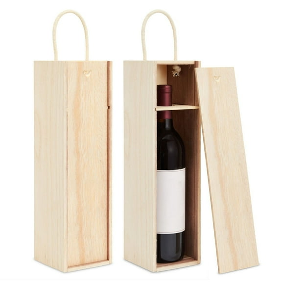 Juvale Wooden Wine Box - Unfinished Wine Box for Custom Engraving - Wood Container with Sliding Lid & Handle - Gift Case for Birthdays & Anniversaries - Pack of 2, 13.9"x 3.9"x 4"