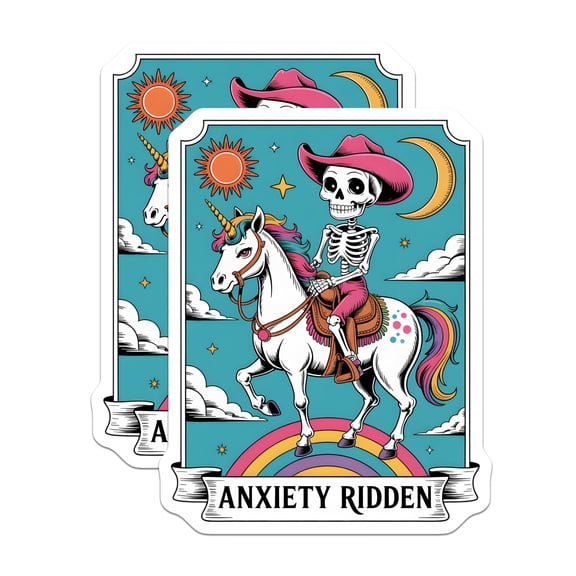 (2 Pack) Unicorn Skeleton Stickers - Anxiety Ridden Design - Cowboy Hat Sticker - 5" On Longest Side - Sticks to Smooth Flat Surfaces - Made in USA - BMCS14867