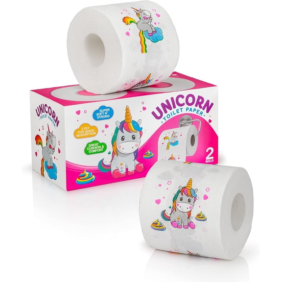 2-Pack Unicorn Toilet Paper - 3-Ply Soft Tissue Roll with Cute Colored Custom Print for Toddler Potty Training - Printed Rainbow Bathroom Sheets - Funny & Novelty Gifts for Unicorn Lovers
