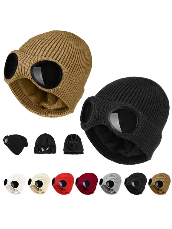 2-Pack Unisex Beanie with Goggles Windproof Warm Winter Skull Cap