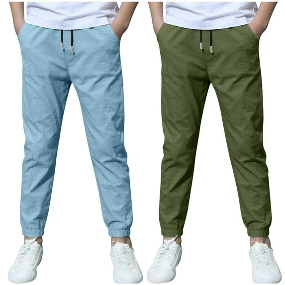 2 Pack Unisex Pull-On Sweatpants on Clearance Kids Boys Linen Pants Summer Casual Pants Drawstring Jogger Trousers Lightweight Athletic Pant School Uniform Pants New Light Blue 5 Years