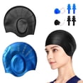 thumbnail image 1 of HKMY 2pcs Silicone Swim Cap with Ear Protection for Adults Women Men with Ear Plugs&Nose Clip(Black/Blue), 1 of 8