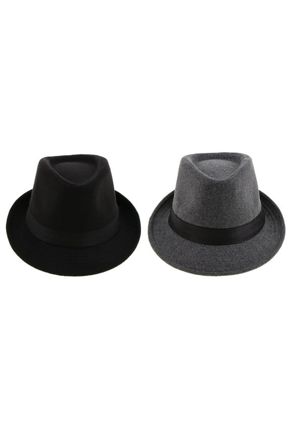2 Pack Unisex Vintage Felt Fedora Hats, Warm Manhattan Bowler Panama Hat, Black, Gray