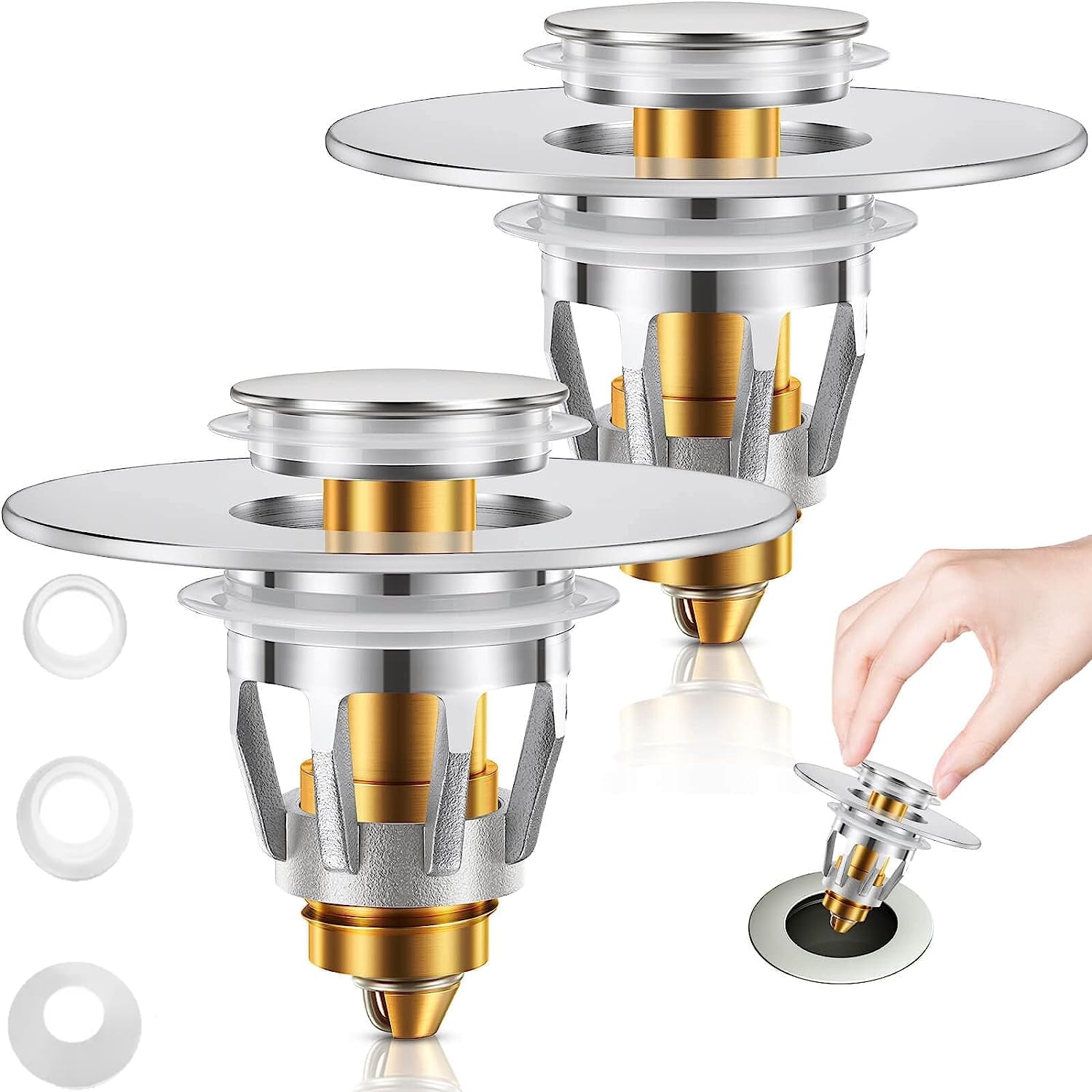 2 Pack Universal Bathroom Sink Stopper for 1.1"-1.96" Drain Hole,Stainless Steel Basin Pop Up Drain Stopper, Core Push Type Sink Stopper,Anti Clogging Sink Drain Filter with Hair Catcher