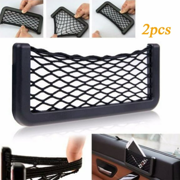 2 Pack Universal Car Seat Side Storage Nets Resilient Pocket Organizer Adhesive Box auto Accessories Pouch GPS Phone Holder Back Storage Net Bag Phone Holder Pocket Organizer Black