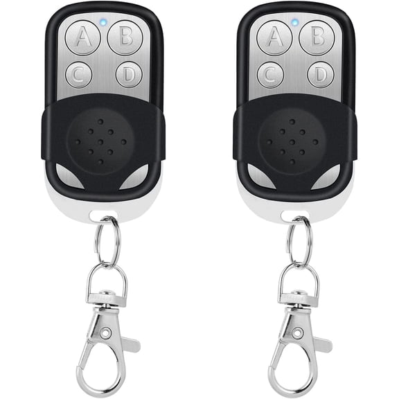 2 Pack Universal Garage Door Remote, 4-Button Fixed 433.92 MHz Controller, Compatible with Multiple Brands, Includes 12V LR27A Battery, Black, Durable, Easy Programming