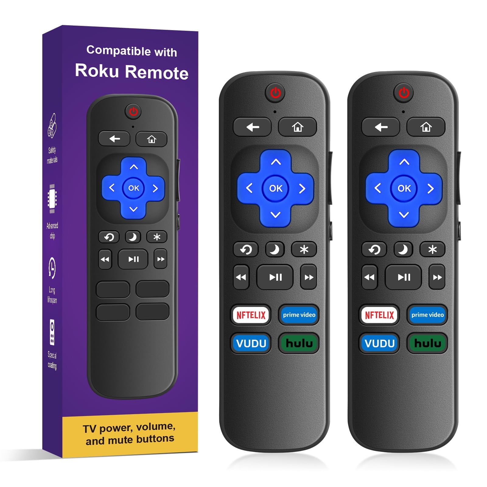 2-Pack Universal Remote for Roku TV- Replacement for TCL/Hisense/Sharp/Onn/Insignia Roku TVs, with 4 Shortcut Buttons for Netflix/Prime Video/Hulu/VUDU