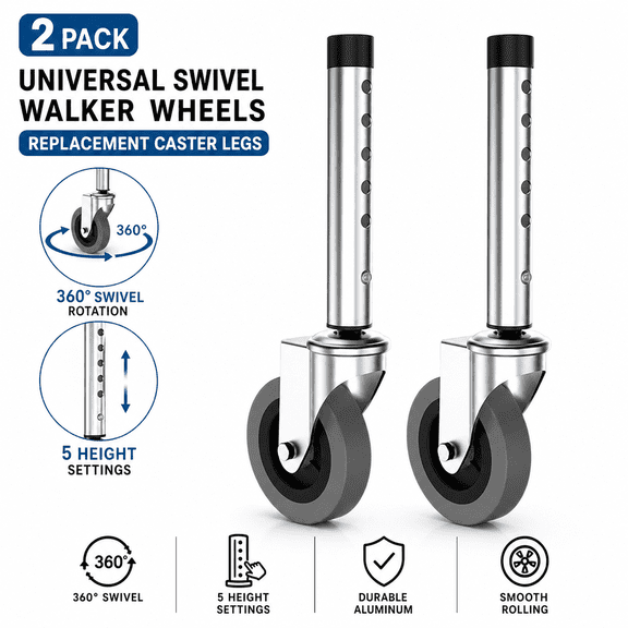 2 Pack Universal Swivel Walker Wheels Replacement Aluminum 5 Height Adjustable Caster Legs for Standard Folding Walker