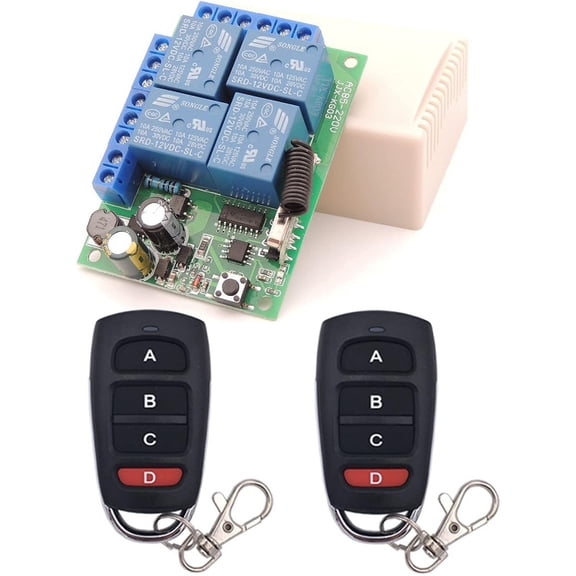 2-Pack Universal Wireless Remote Control Switch (AC 110V-240V 10A 4-Channel RF Relay Receiver Board)  Suitable for Motors, Garage Doors, Lighting, Electric Linear Actuators, and Other Equipment