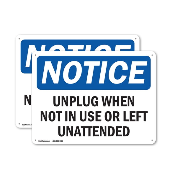 (2 Pack) Unplug When Not In Use Or Left Unattended OSHA Notice Sign 24 Inch X 18 Inch Plastic Sign, Weather Resistant, UV Protected for Workplace, Business, and Construction Site, Made in the USA