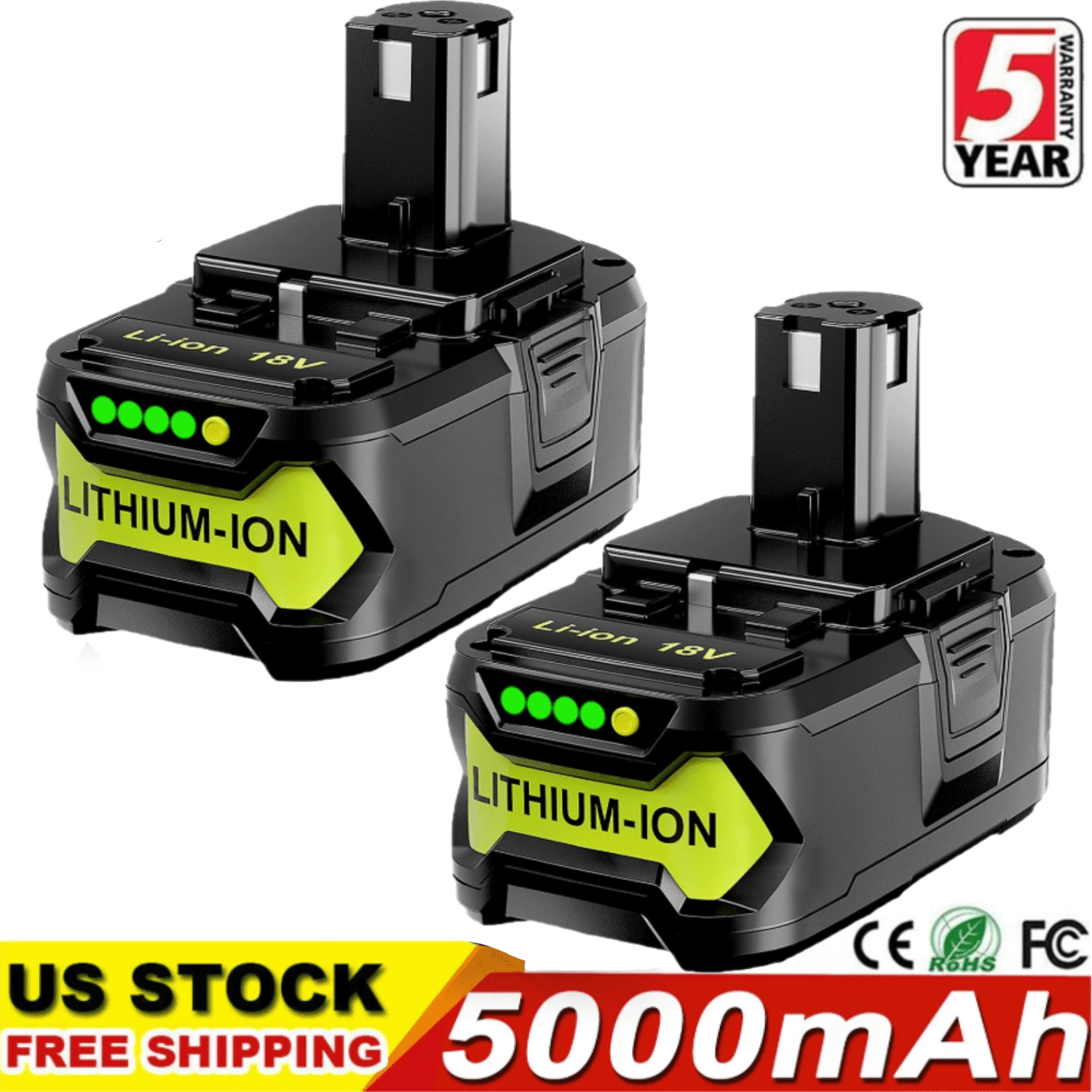2-Pack Upgrade 18V 5.0Ah Replacement Battery for Ryobi ONE+ Plus 18V Lithium-Ion Battery P102 P104 P105 P106 P108 P107 P109 for Cordless Power Tools