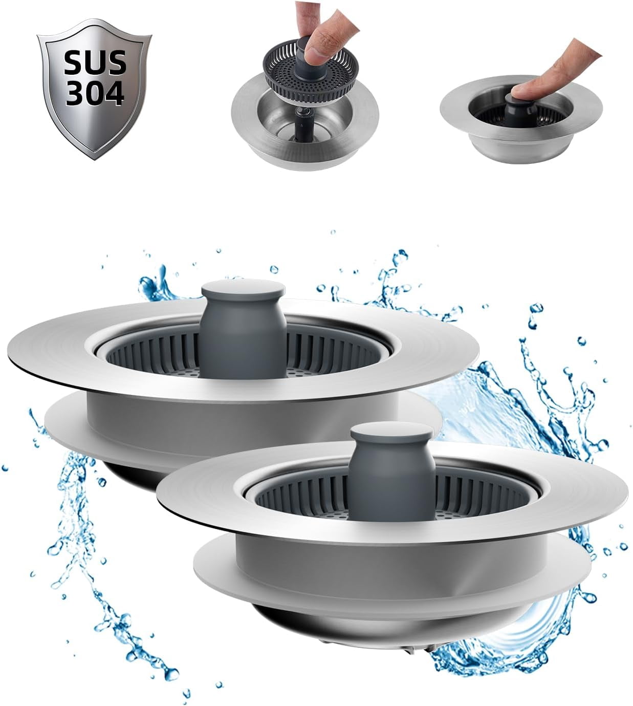 2 Pack Upgraded 3 in 1 Kitchen Sink Drain Strainer and Stopper Combo, Stainless Steel Metal Pop Up Sink Stopper, Anti-Clogging Basket Strainer with Handle for US Standard 3-1/2 Inch Drain